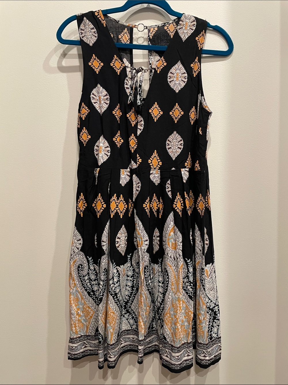 Sleeveless Black & Mustard Print Midi Dress